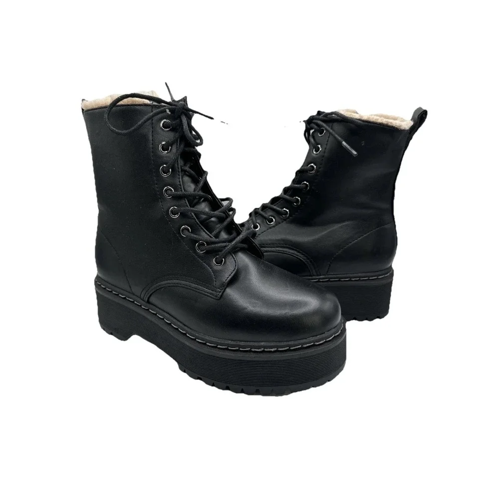 NEW $110 Steve Madden BETTY Doll Kills  Blk Combat Lace Up Faux Fur Lining Sz 5 - Picture 2 of 11
